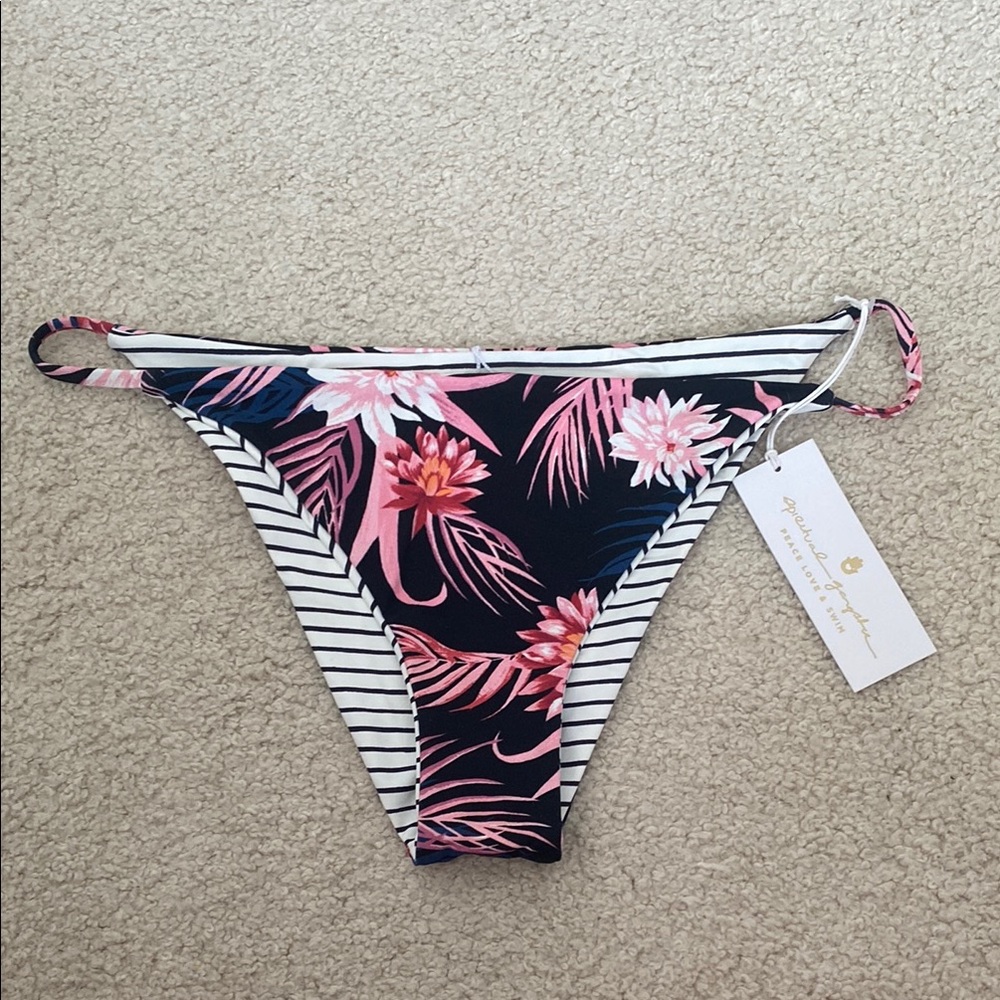 New Spiritual Gangster Pink and Black Bikini Bottom with Tropical Print